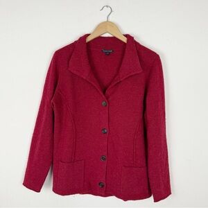 Eileen Fisher 100% Wool Red Sweater Cardigan Button Down Front
